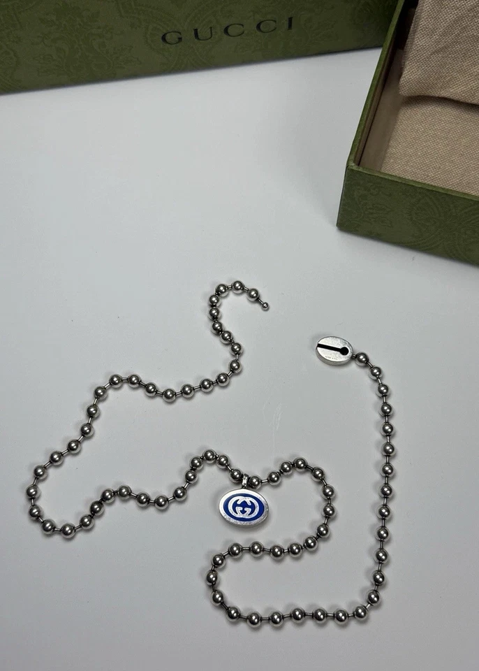 Gucci 925 Sterling Silver Ball Link Necklace Blue Enamel Interlocking G NIB - Image 4 of 4