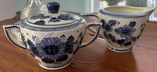 Vintage Delft Blue Delfts Blauw Creamer & Covered Sugar, Holland, Signed