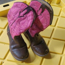 Girls Western Cowboy Mid-Calf Boots Embroidered Pink Brown US Size 10