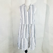 Falls Creek sz Small Midi Dress Women's White Blue Gauze Striped Boho V Neckline
