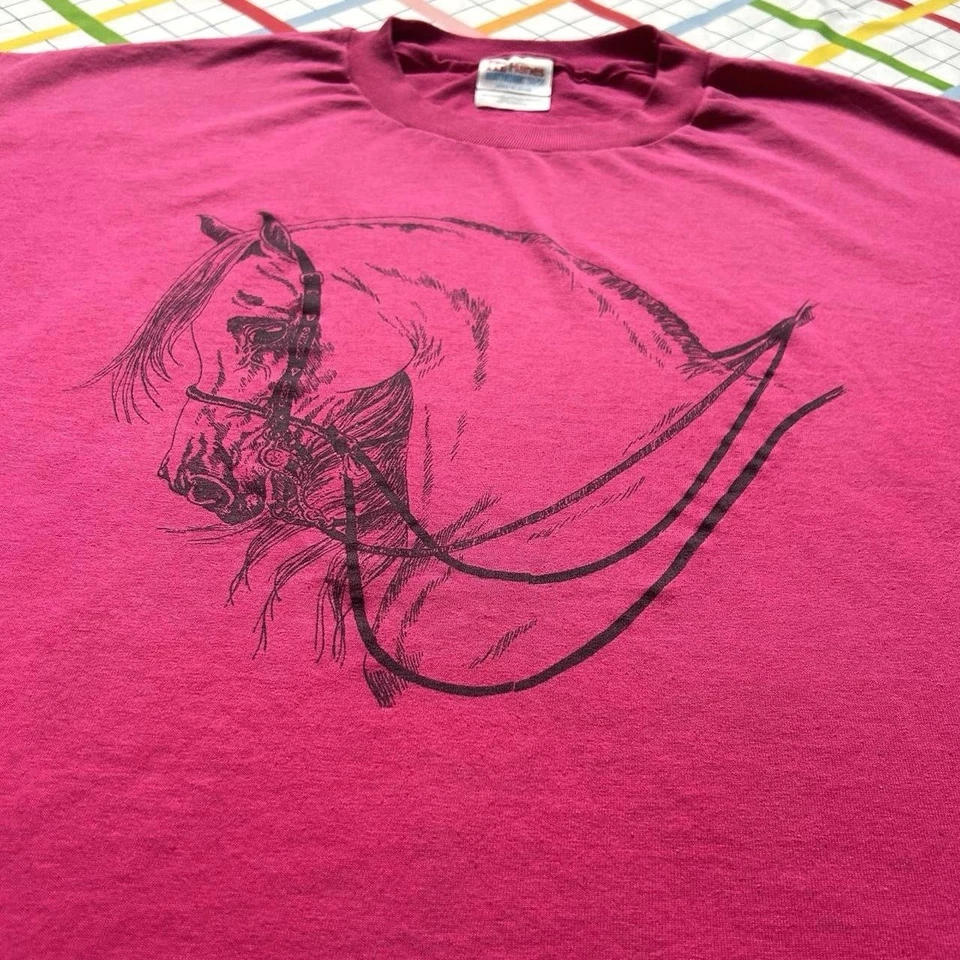 Vintage 1990s Magenta Horse Graphic T-Shirt Hanes Heavyweight 50/50 XL - Image 3 of 4