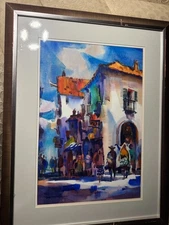Don Andrews (20th/21st C) "Figures In Street Scene" Watercolor Painting - Framed