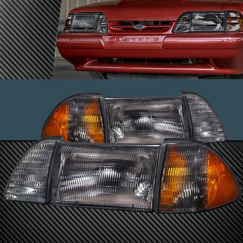 Headlights Ford Mustang 1987-1993 Halogen Pair 6Pcs Set Stock Smoke with Amber