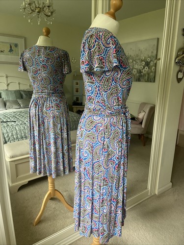 BODEN Evangeline Blue Paisley Print Jersey Mock Wrap Dress - Size 10L - Picture 2 of 7