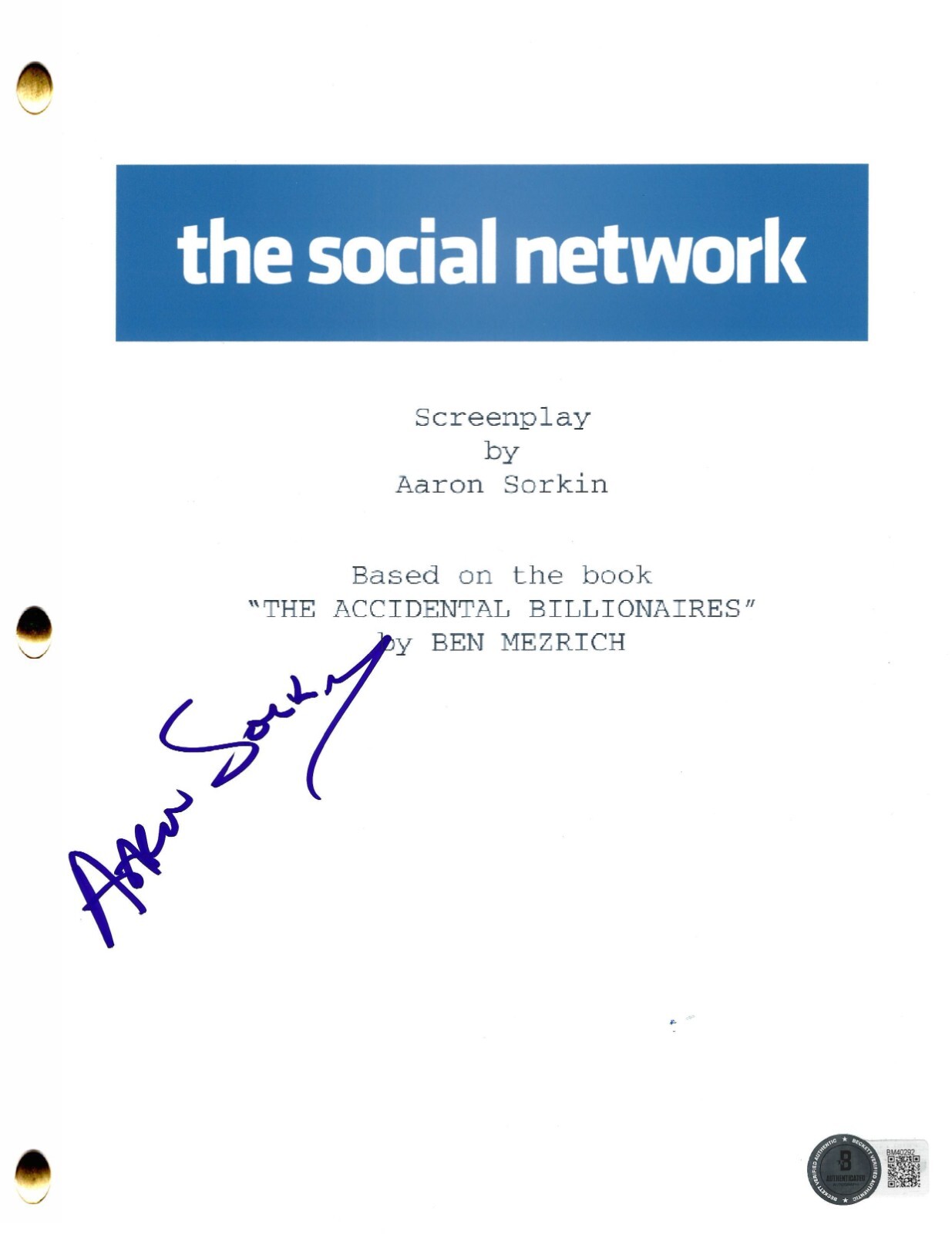 Aaron Sorkin Signed The Social Network Script Authentic Autograph ...