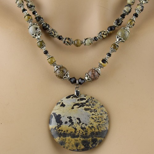 Artistic Jasper made with Swarovski Disc Pendant Layered Necklace Earring Set - Picture 4 of 4