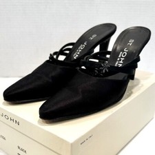 St. John Satin Pumps Floral Rhinestones Women's 7B Black Strappy Mule Vintage