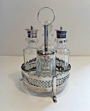 Antique Silverplate 5 Piece Cruet Set Glass Bottles Salt Pepper Oil Sugar/Jam