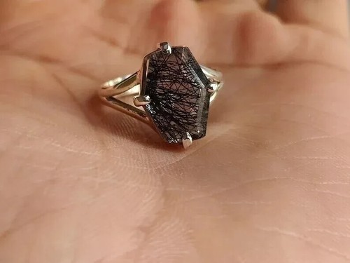 Handmade Black Rutilated Quartz Sterling Silver Band Ring Handmade Gemstone Ring - Picture 4 of 6