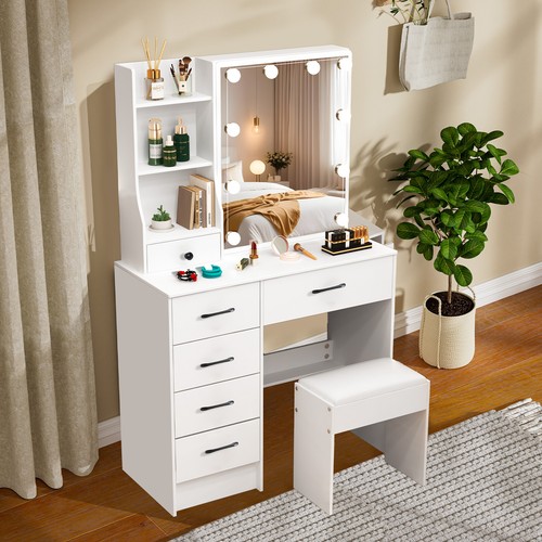 Makeup Vanity Set Dressing Table Desk with LED Lighted Mirror 6 Drawers - Picture 5 of 10