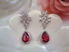 3.00Ct Pear Cut Lab Created Ruby Drop Dangle Earrings in 14K White Gold Plated