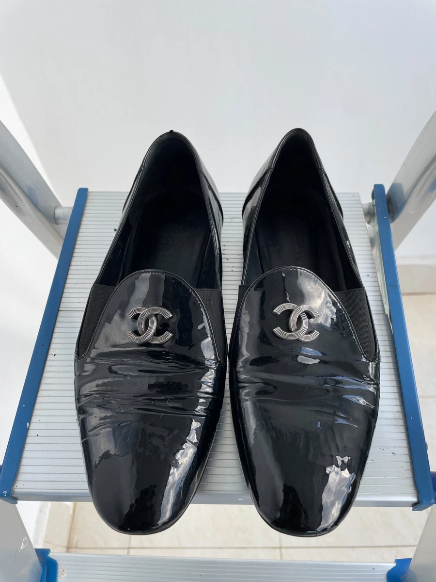 Chanel Black Patent Leather CC Smoking Slippers Size 36.5 EU