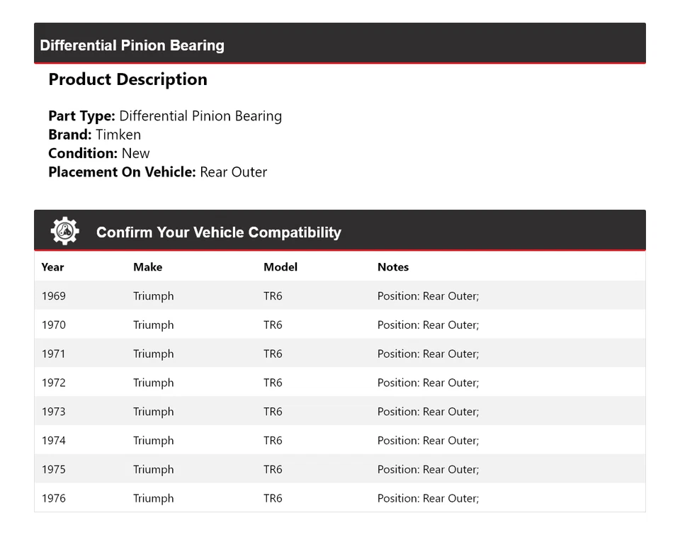 For 1969-1976 Triumph TR6 Differential Pinion Bearing Rear Outer Timken 1970 - Image 2 of 4