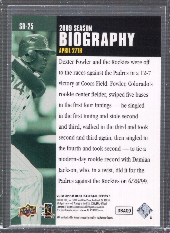 2010 Upper Deck Baseball Season Biography #SB25 Dexter Fowler - Image 2 of 2