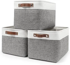 Fabric Storage Baskets for Large Shelves Set of 3 with Handles (Gray and White)