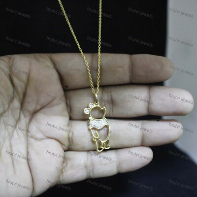 0.18 Ct Natural Moissanite Teddy Bear Pendant Necklace Yellow Gold Plated Silver