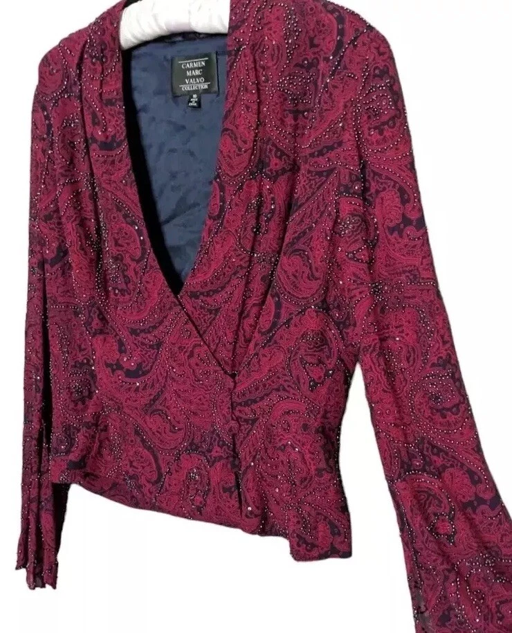 Blusa Carmen Marc Valvo de seda con cuentas para mujer 10 borgoña manga campana Foto 4 de 4