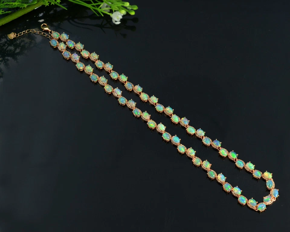 Collana catena con pietre preziose opale di fuoco naturale in argento massicc... - Immagine 3 di 4