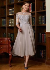 Chiffon Mother Of The Bride Dresses Half Sleeve Appliques Tea Length Party Gowns