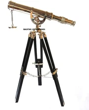 Nautical Antique Handmade Brass Telescope With Black Wooden Tripod Stand Decor