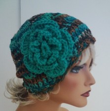 TEAL BROWN MULTI FLOWER BEANIE CAP HAT HAND CROCHET BERET SKULL CAP CLOCHE TAM