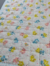 Vintage Care Bear Quilted Blanket Blue White Stripe Infant Baby Crib Quilt 41x35