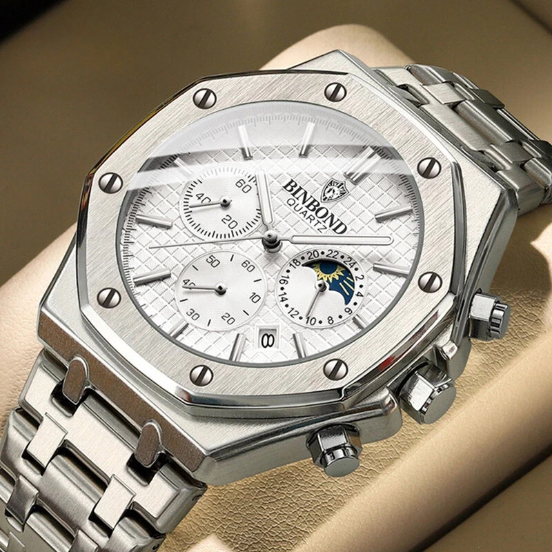 Luxury Men's Quartz Chronograph Wristwatch Stainless Steel Waterproof