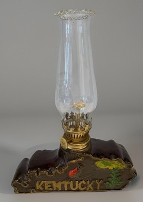 Kentucky State Oil Lamp w Globe Unique 8  Tall x 6  Long x 2  Wide EUC Miniature