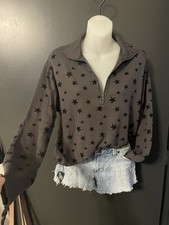 Lou Grey Women s grey Quarter Zip Sweatshirt Black Stars Signature Soft XS