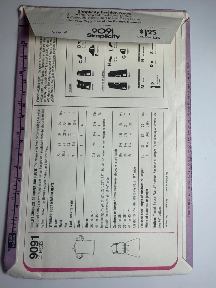 Simplicity VTG Pattern 9091 UC;FF Girls Sundress, Jumper  & Blouse SZ 4 - Image 3 of 4