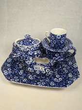 Burleigh Blue Calico 5-Piece Breakfast Set - Cow Creamer, Cup, Tray