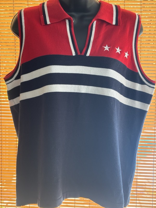 White Stag Women’s XL Sleeveless Collared Knit Polo Red White Blue