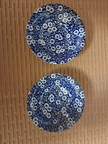 VTG ROYAL CROWNFORD STAFFORDSHIRE BLUE WHITE CALICO COUPE CEREAL BOWL LOT Of 2