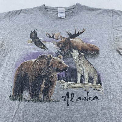 Alaska Wildlife Shirt Mens Large Gray Bear Wolf Moose Eagle Nature Graphic Tee