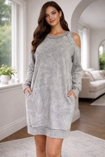 Newbury Kustom Cold Shoulder Long Sleeve Sweatshirt Dress Distressed Gray Medium