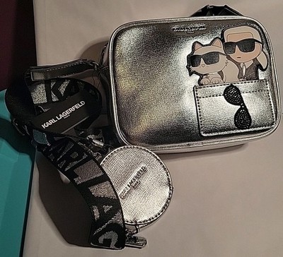  Karl Lagerfeld Paris Silver Karl & Choupette Crossbody Bag Strap Coin Purse