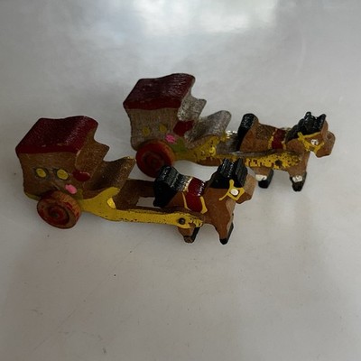 2x Vintage Wooden Horse Drawn Cart Toy 