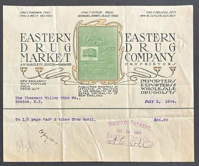 BOSTON ~ EASTERN DRUG MARKET, Monthly Publication ~ Illus. Billhead 1904