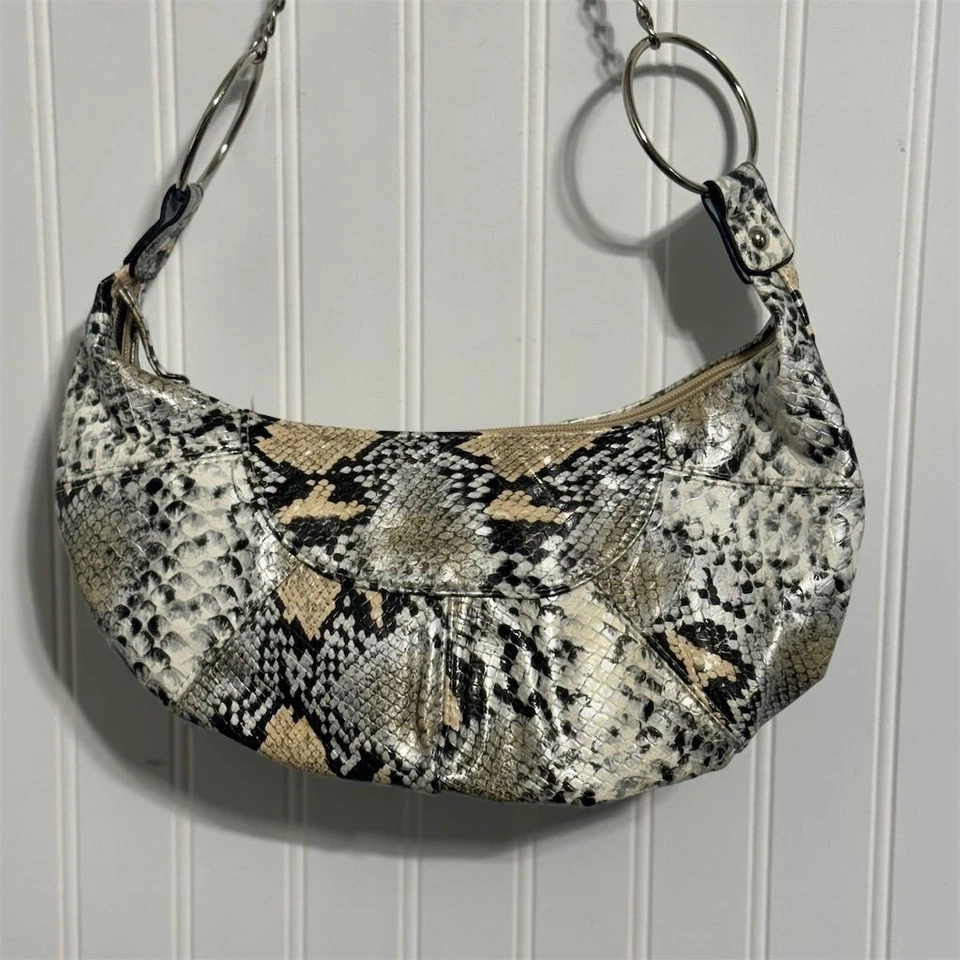 Y2K змеиной кожи багет наплечная сумка серебро уплотнительное кольцо цепочка искусственной кожи гранж - Изображение 2 из 4