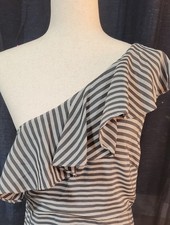 Halston Heritage One-Shoulder Grey Striped Dress Elegant Size M