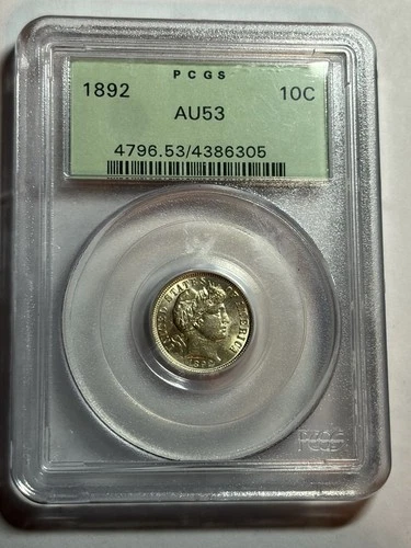 1892 P Silver Barber Dime PCGS AU53 OGH Blast White