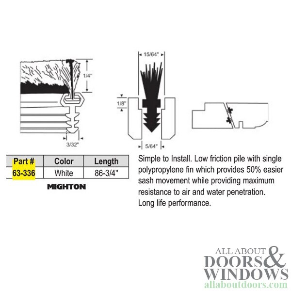 Brush Seal Weatherstrip, 86-3/4", 3/32" Kerf, 1/4" Pile - White