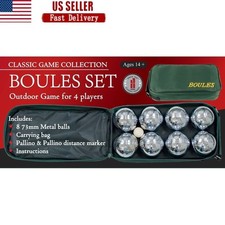 Bocce Ball Set 8 Polished Metal Balls W/ Canvas Case Wood Target Outdoor Game US