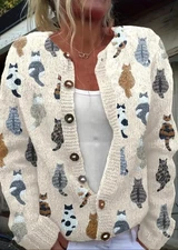 Women’s Med/Large 8/10 Cat Knit Sweater Printed Fall Cats Sittin Kitties Buttons