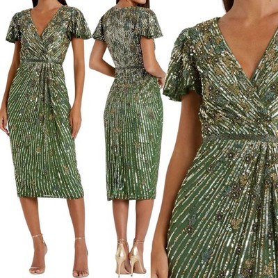 with tags Mac Duggal 5582 Embellished Faux Wrap Flutter Sleeve Dress Siz G1N