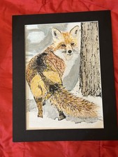 Mark Leary Art Water Colour Painting Fox amongst The Snow hunting rabbits 