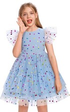 Girls Blue Confetti Tulle Party Dress Puffy Sleeves Princess Birthday Dress