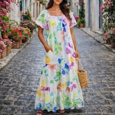 Tanya Taylor Size 2 Silk Maxi Dress Pastel Floral Puff Sleeve Tiered Ruffle XS