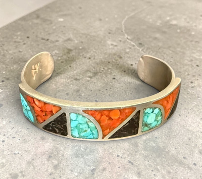 Vintage Southwestern Native American Style Silver Cuff Signed K  Inlay Bangle