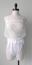 Vtg Sheer Lace Bodice White Nylon Hi-cut Lingerie Teddy Bodysuit